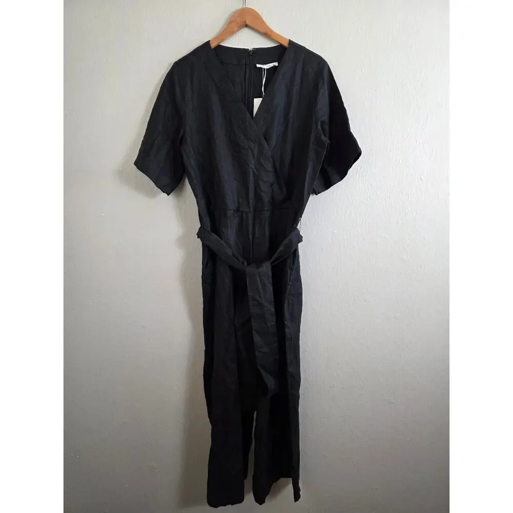 NEW Everlane The Wrap Linen Black Wrap-Front Wide-Leg Short Sleeve Jumpsuit 8